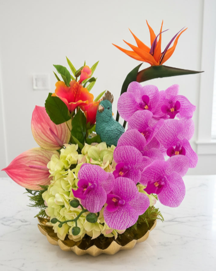 Turquoise Bird in Tropical Garden | Faux Floral Arrangement