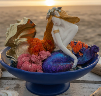 Sitting Mermaid with Sea Conch – Floral & Pearl Coastal Décor