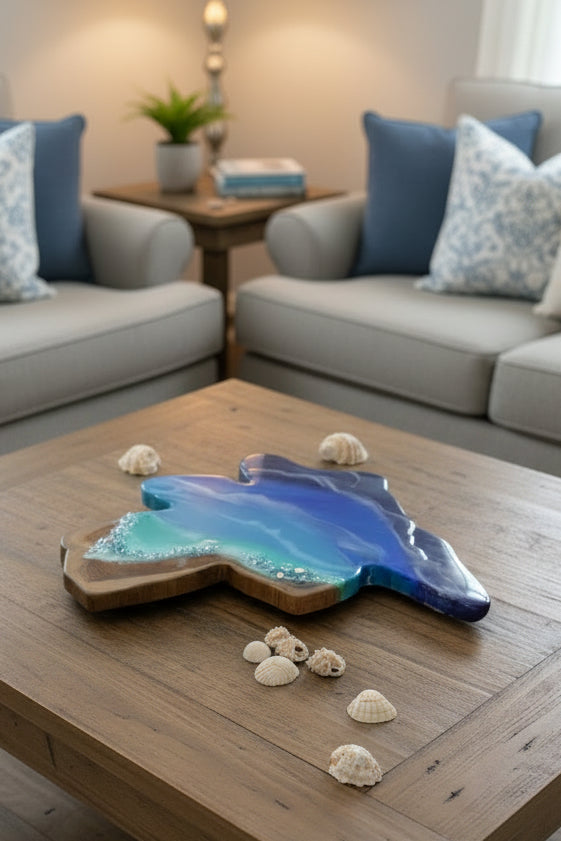 Ocean Art with Crystals on Solid Indonesian Wood | Handcrafted Sculpture