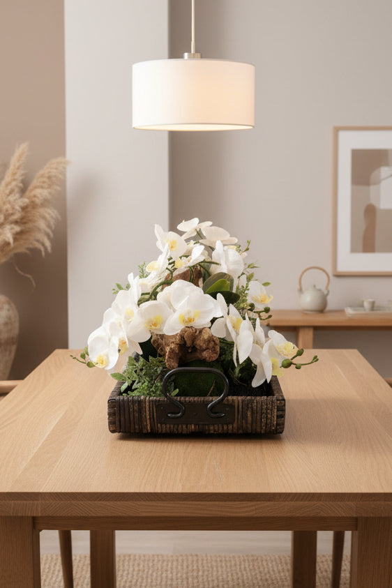 38" Black Basket Tray with White Orchids | Faux Floral Centerpiece