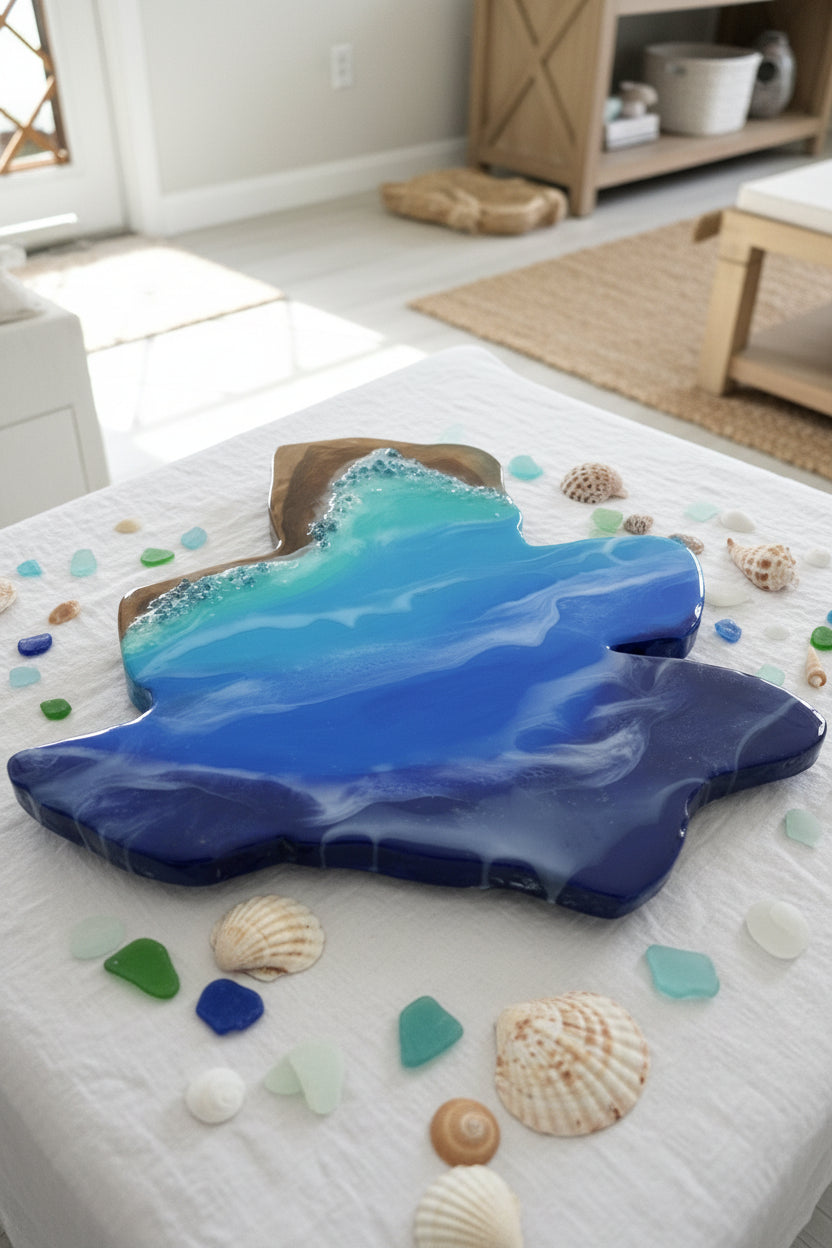 Ocean Art with Crystals on Solid Indonesian Wood | Handcrafted Sculpture