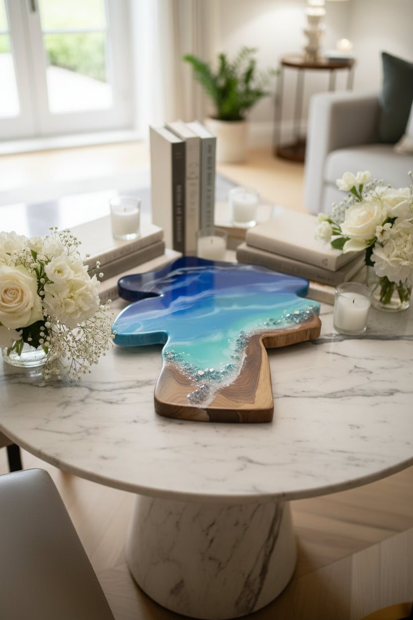 Ocean Art with Crystals on Solid Indonesian Wood | Handcrafted Sculpture