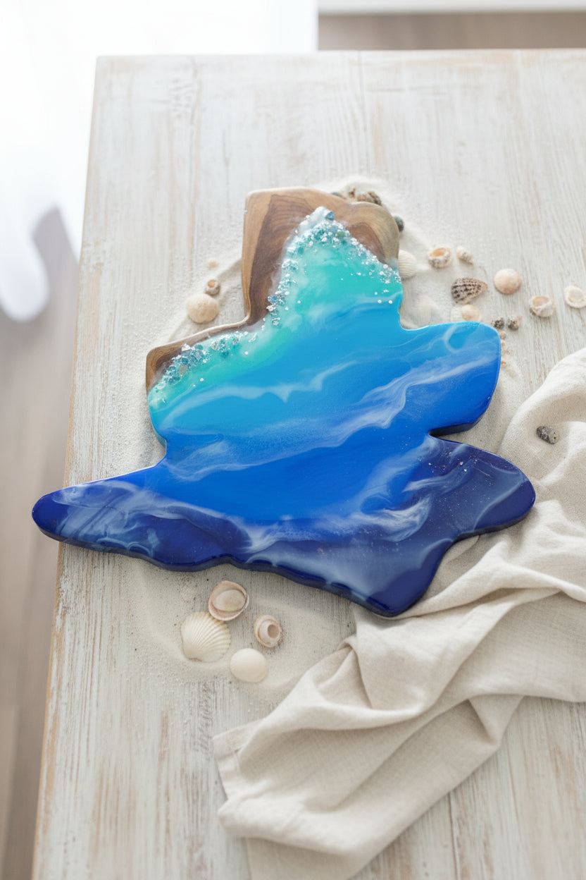 Ocean Art with Crystals on Solid Indonesian Wood | Handcrafted Sculpture