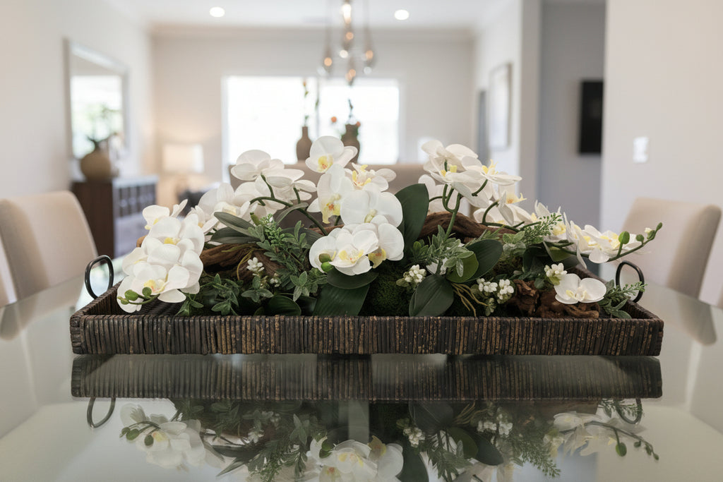 38" Black Basket Tray with White Orchids | Faux Floral Centerpiece