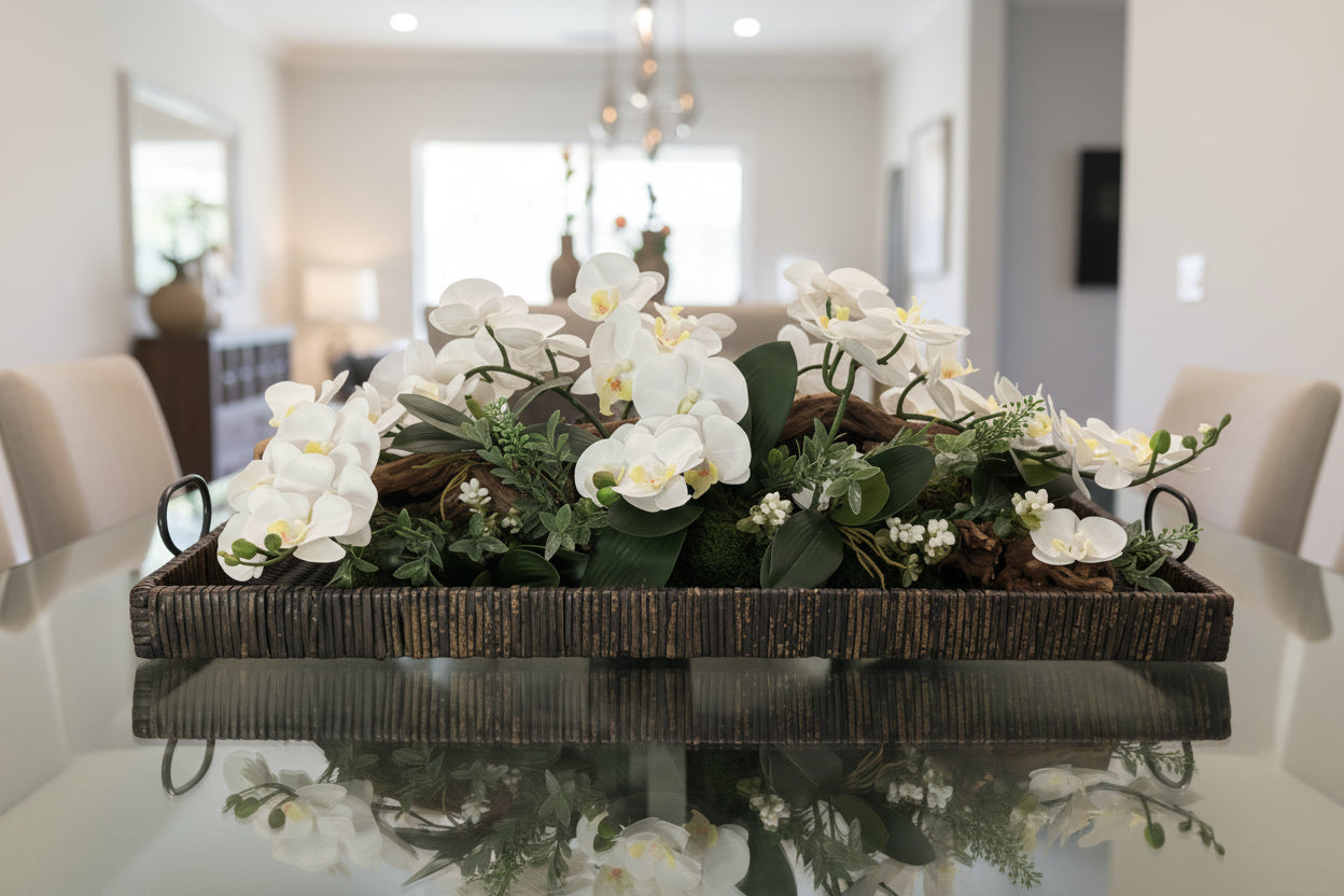 38" Black Basket Tray with White Orchids | Faux Floral Centerpiece