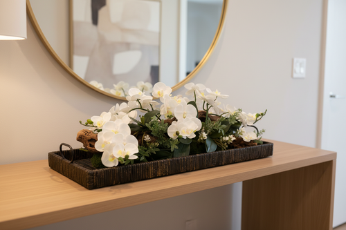 38" Black Basket Tray with White Orchids | Faux Floral Centerpiece