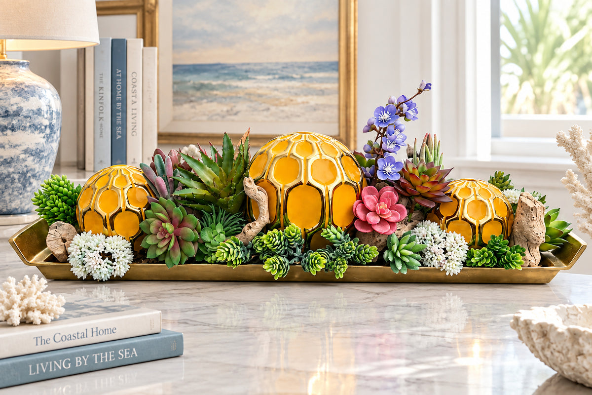 Yellow Ornamental Ball Arrangement in Golden Succulent Tray