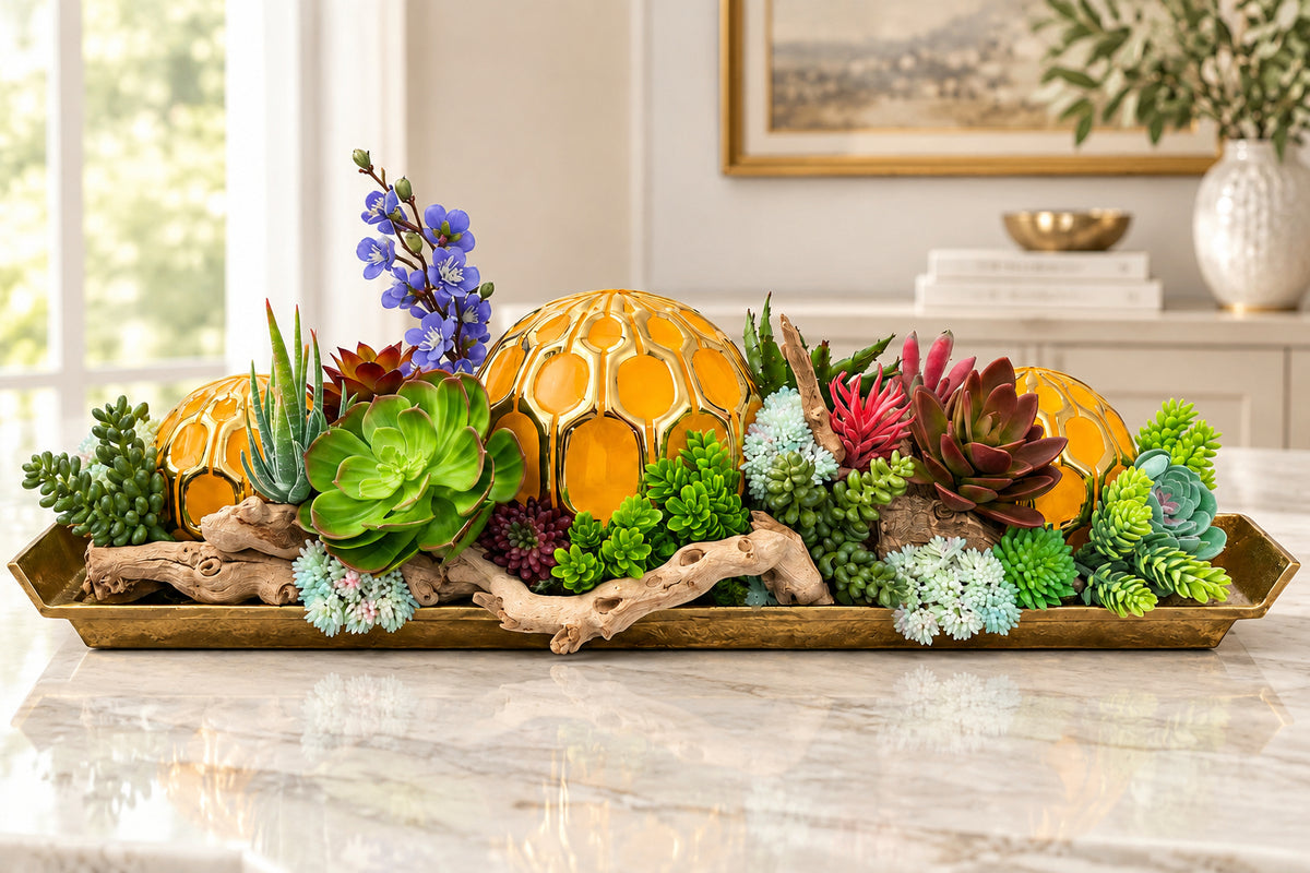 Yellow Ornamental Ball Arrangement in Golden Succulent Tray