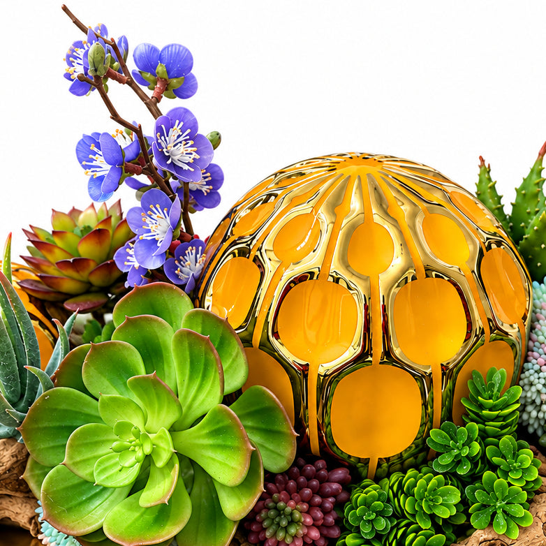 Yellow Ornamental Ball Arrangement in Golden Succulent Tray