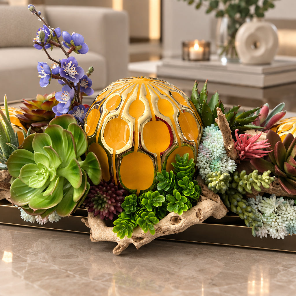 Yellow Ornamental Ball Arrangement in Golden Succulent Tray