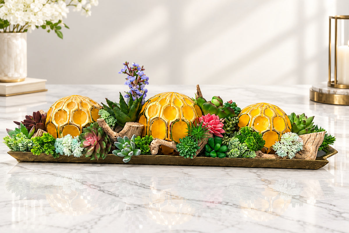 Yellow Ornamental Ball Arrangement in Golden Succulent Tray