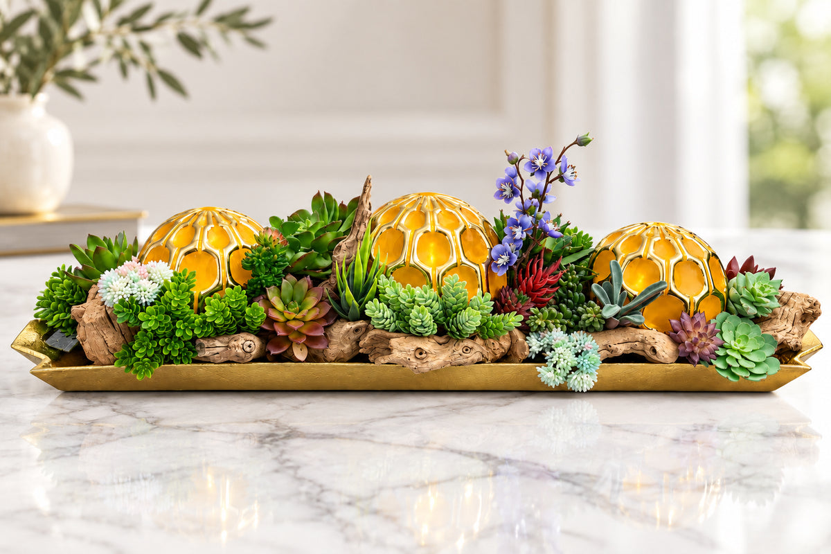 Yellow Ornamental Ball Arrangement in Golden Succulent Tray