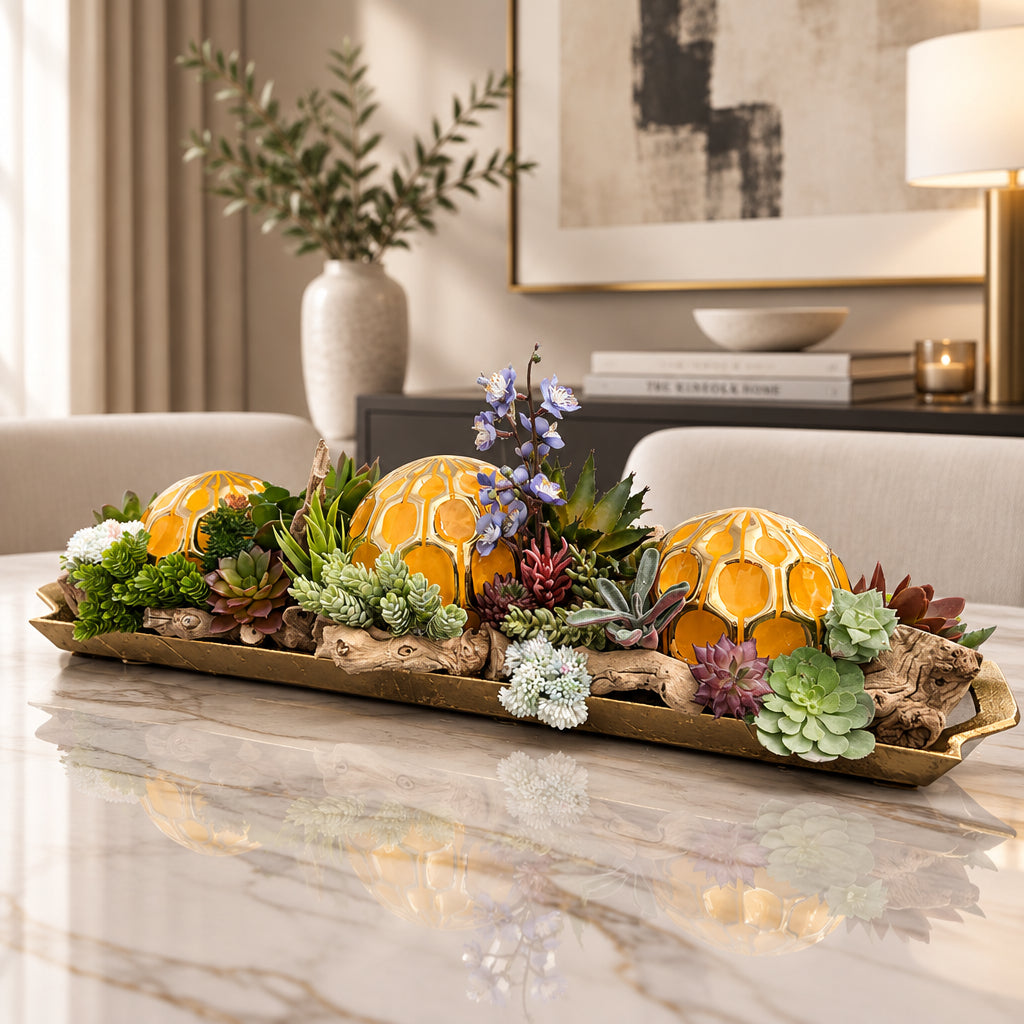 Yellow Ornamental Ball Arrangement in Golden Succulent Tray
