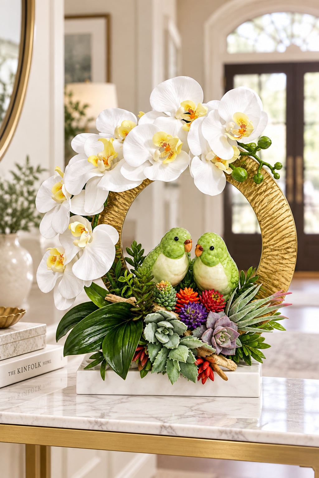 Green Parakeet Pair with White Faux Orchids in a Golden Metal Ring
