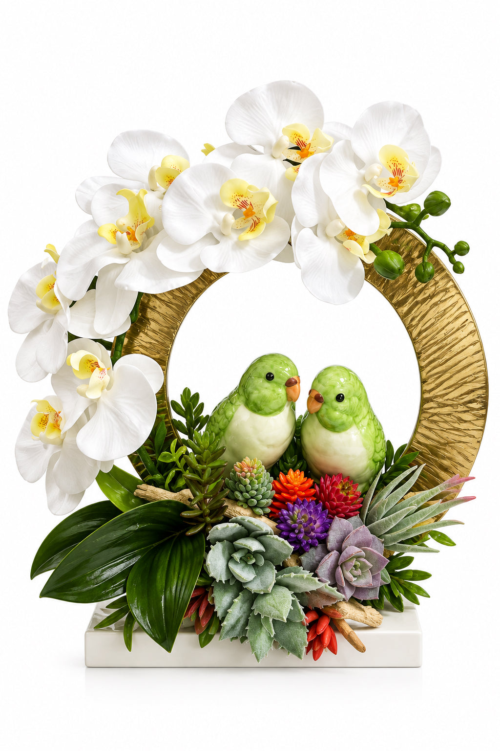 Green Parakeet Pair with White Faux Orchids in a Golden Metal Ring
