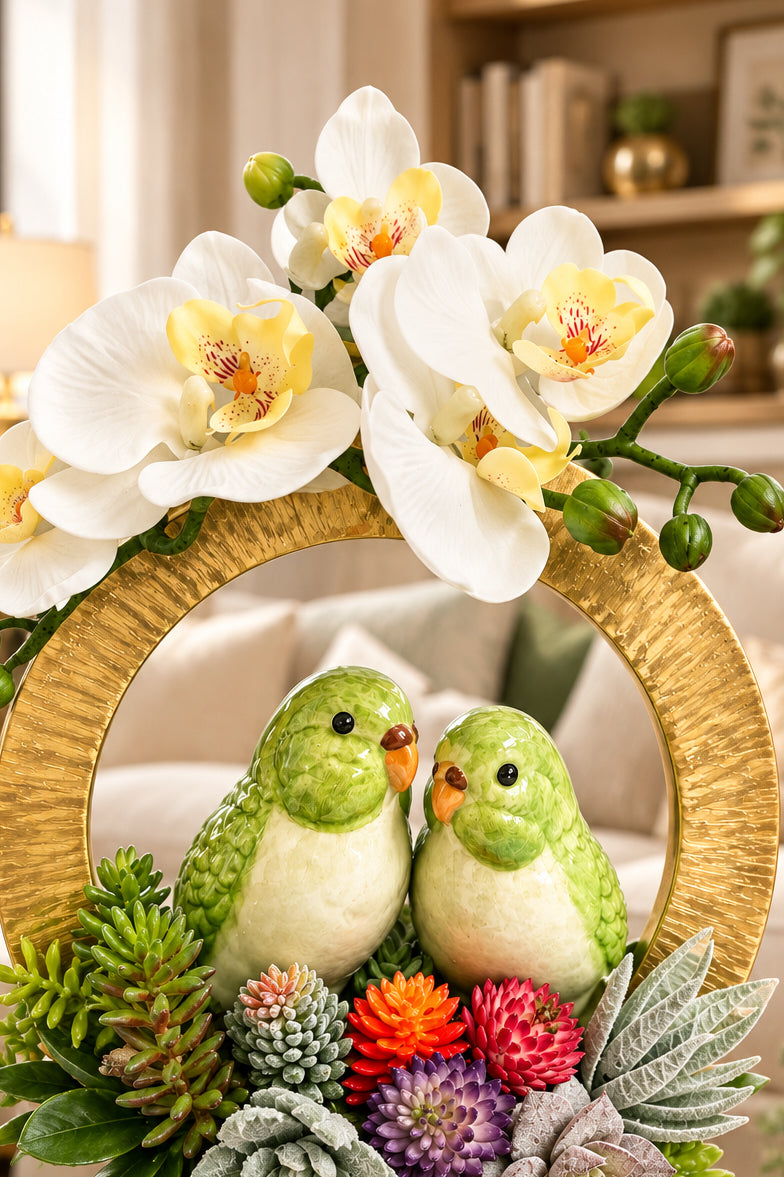 Green Parakeet Pair with White Faux Orchids in a Golden Metal Ring