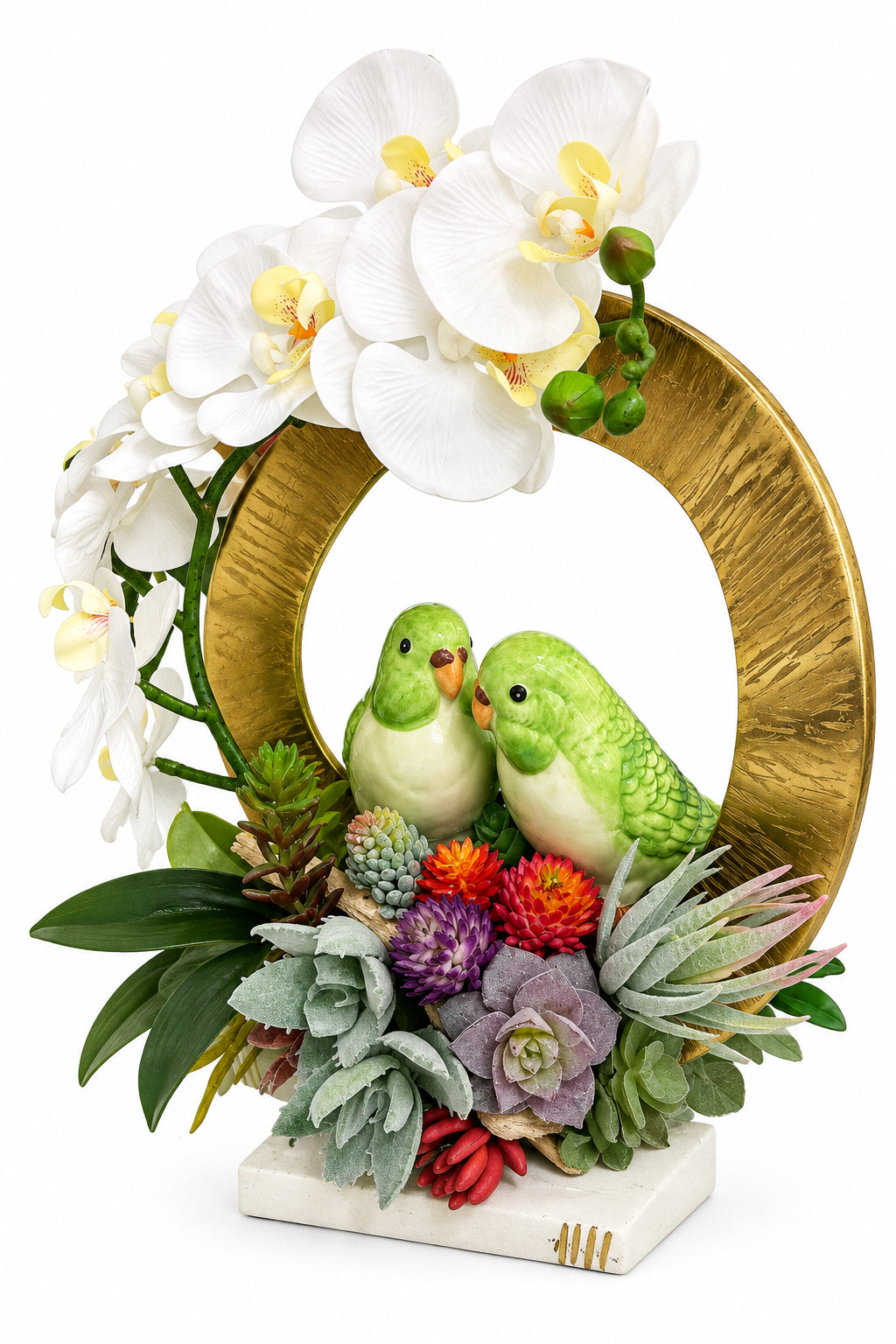 Green Parakeet Pair with White Faux Orchids in a Golden Metal Ring