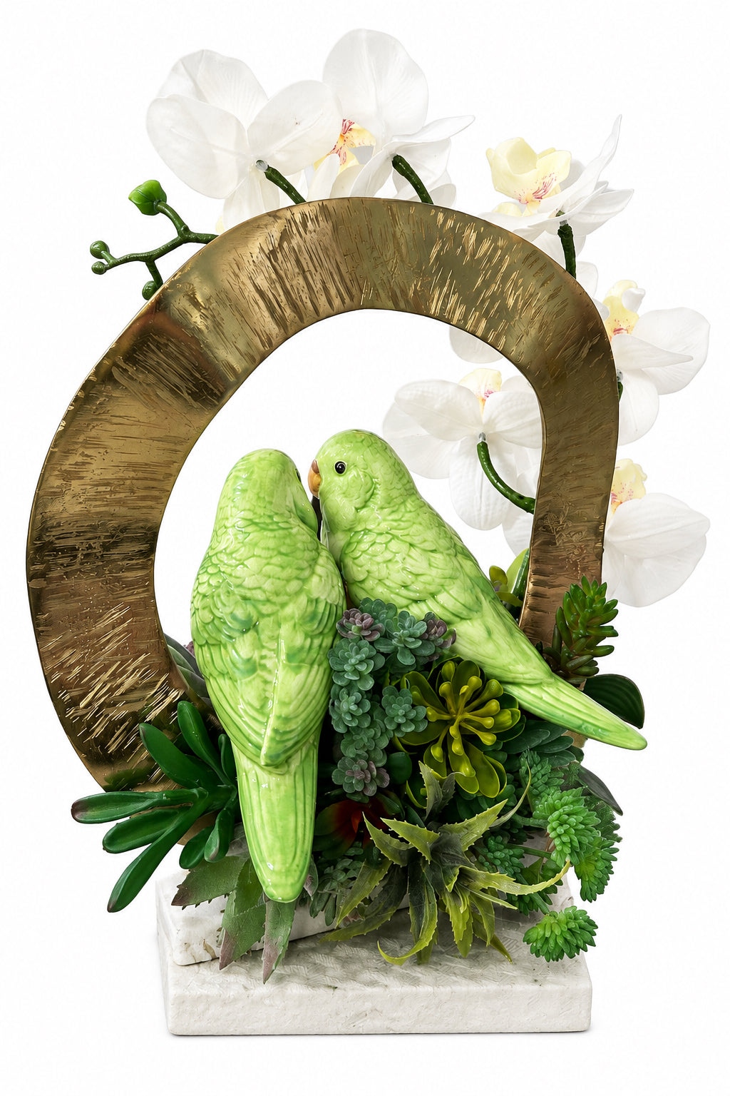 Green Parakeet Pair with White Faux Orchids in a Golden Metal Ring