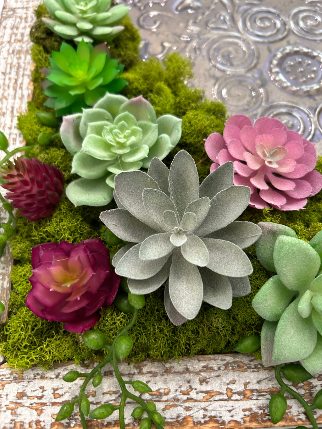 Faux Succulent Wall Art with Ornate Metal & Wood Frame