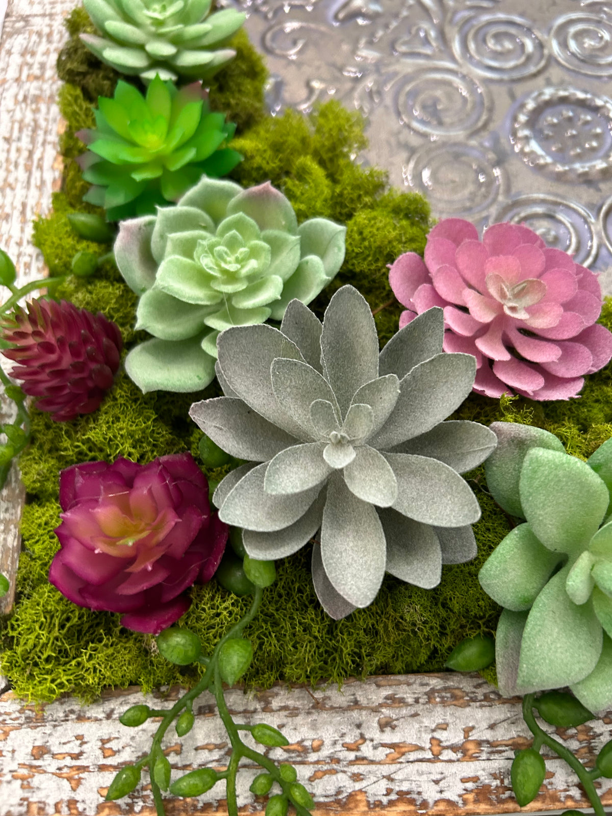 Faux Succulent Wall Art with Ornate Metal & Wood Frame