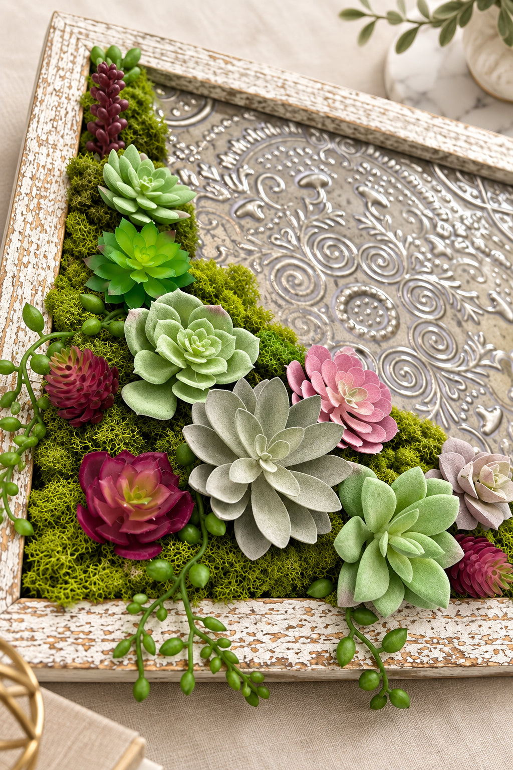 Faux Succulent Wall Art with Ornate Metal & Wood Frame