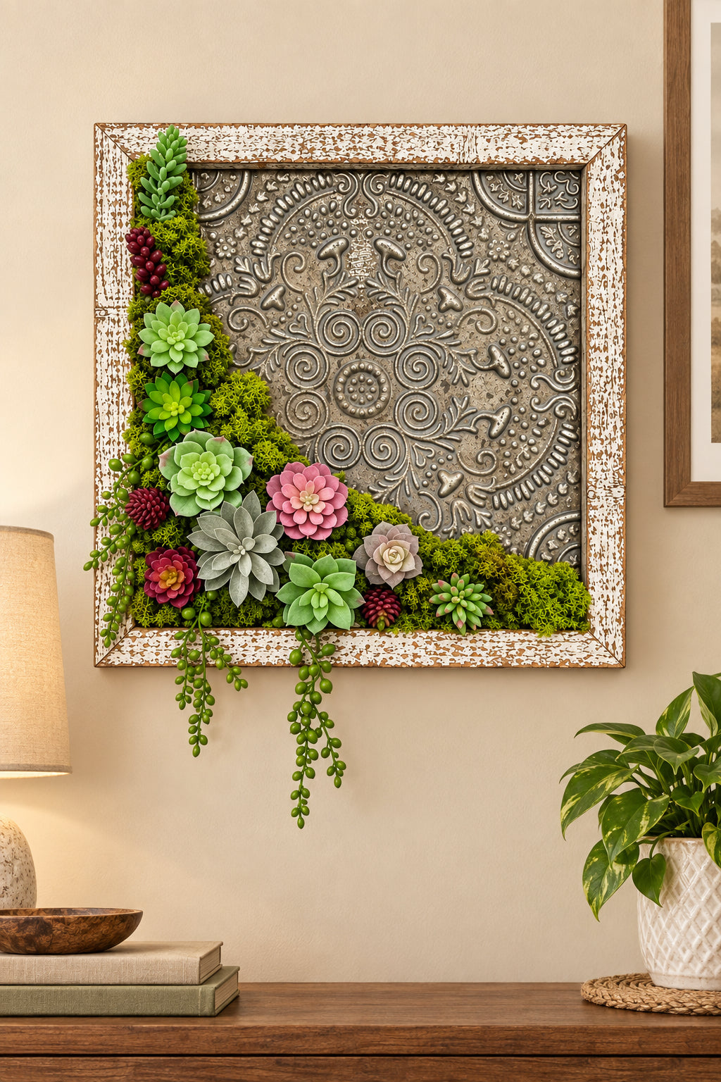Faux Succulent Wall Art with Ornate Metal & Wood Frame