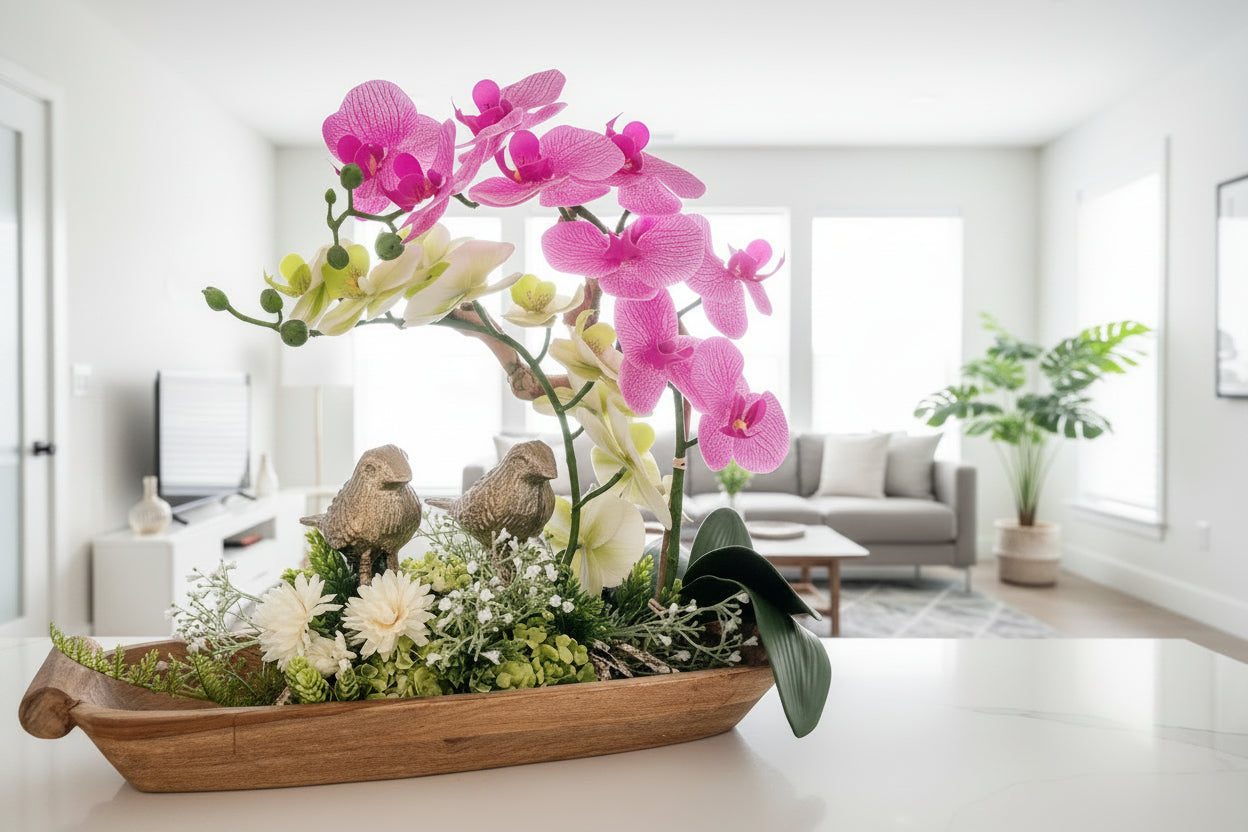 Golden Bird Pair on Grapewood Branch with Orchids