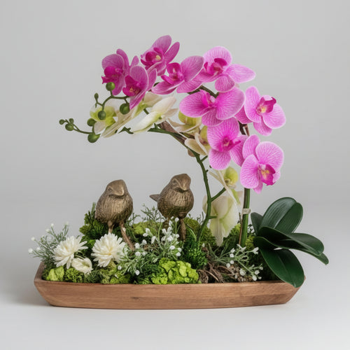 Golden Bird Pair on Grapewood Branch with Orchids
