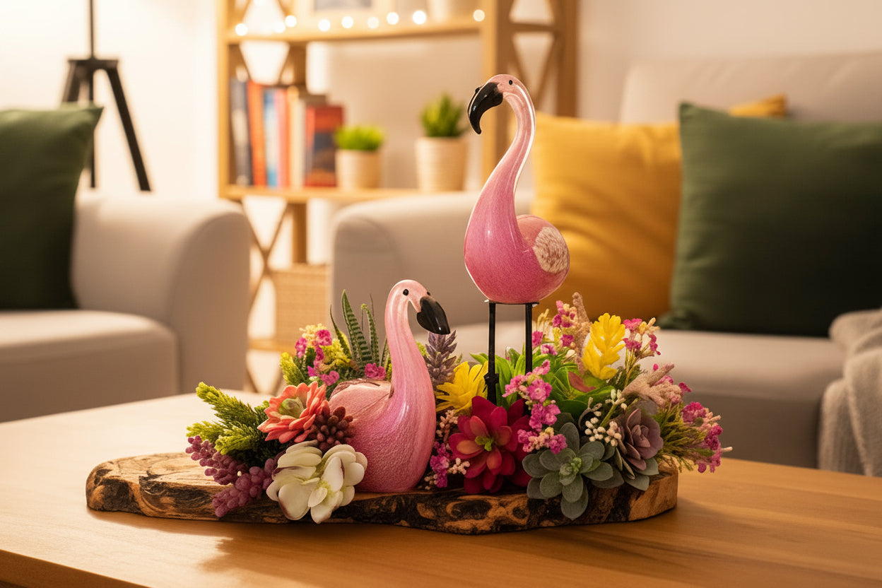 Glass Flamingos in Succulent Garden