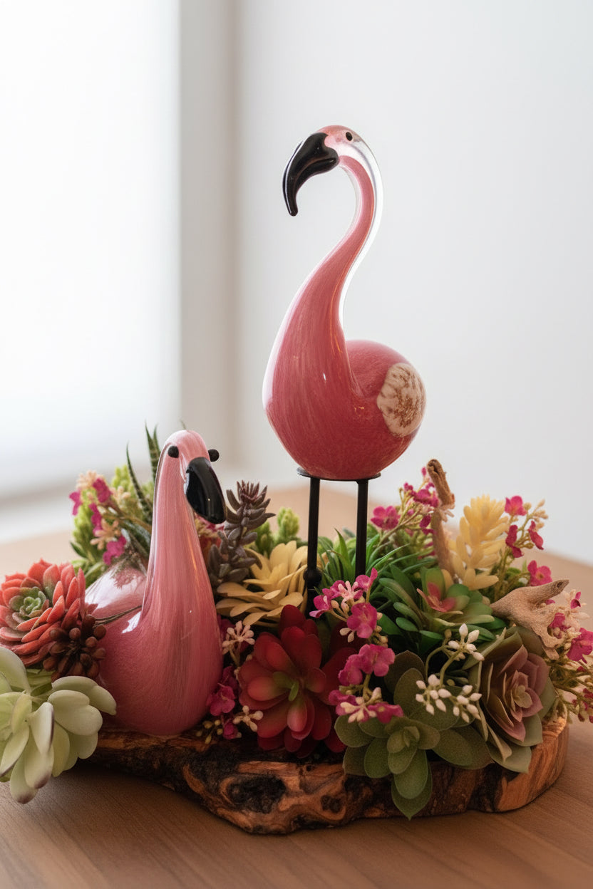 Glass Flamingos in Succulent Garden