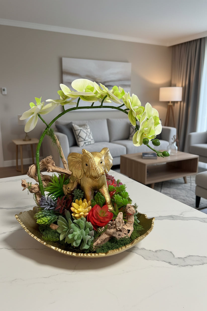 Mother & Baby Elephant Succulent Garden with Green Orchids – Gold Shell Arrangement