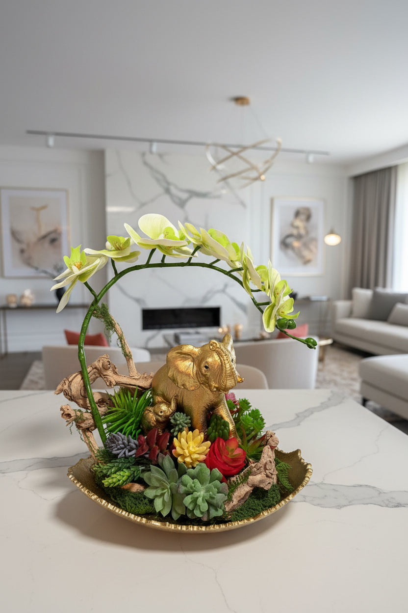 Mother & Baby Elephant Succulent Garden with Green Orchids – Gold Shell Arrangement