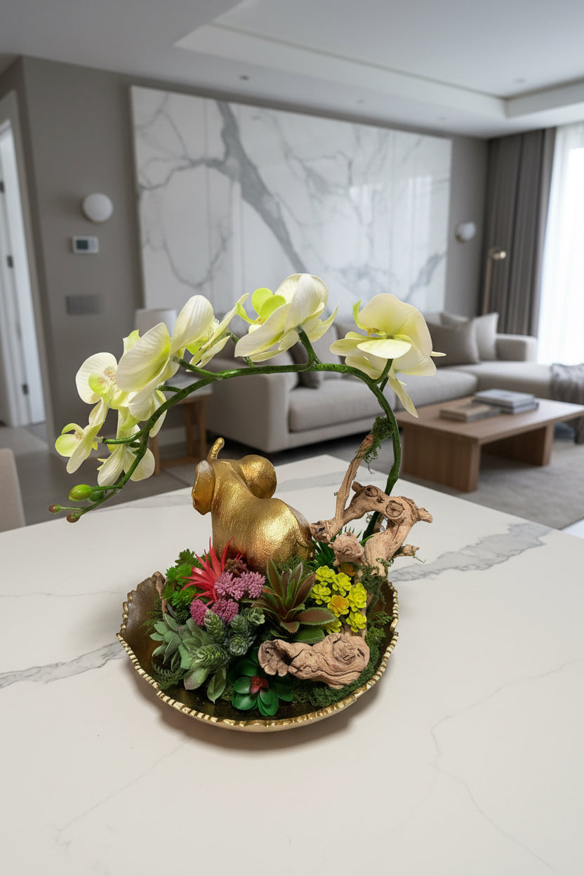 Mother & Baby Elephant Succulent Garden with Green Orchids – Gold Shell Arrangement