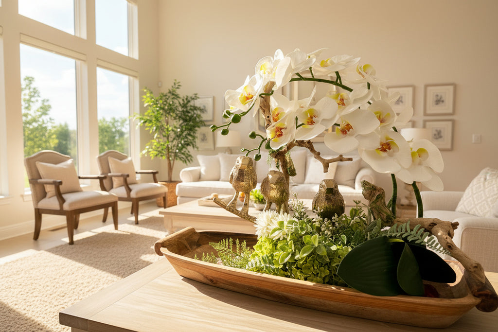 Three Golden Birds on Grapewood Branch with Orchids — Choose Your Color