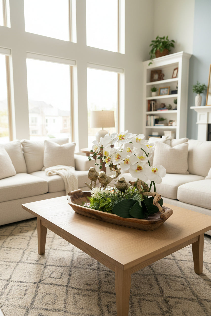 Three Golden Birds on Grapewood Branch with Orchids — Choose Your Color