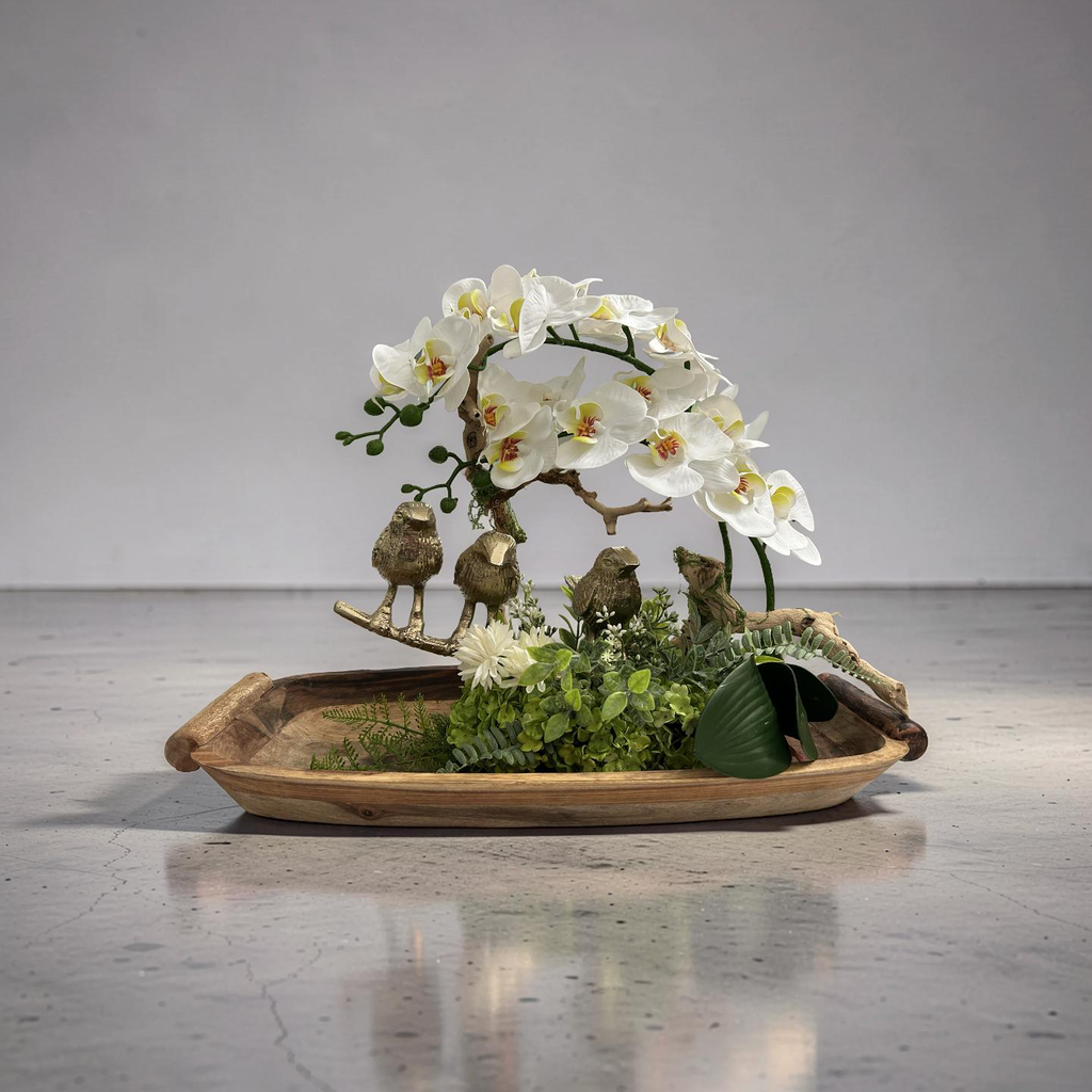Three Golden Birds on Grapewood Branch with Orchids — Choose Your Color