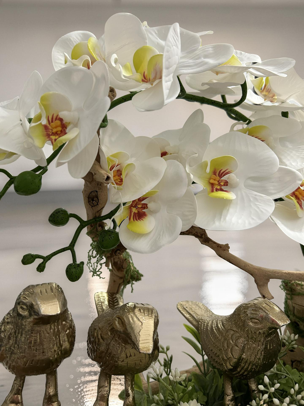 Three Golden Birds on Grapewood Branch with Orchids — Choose Your Color