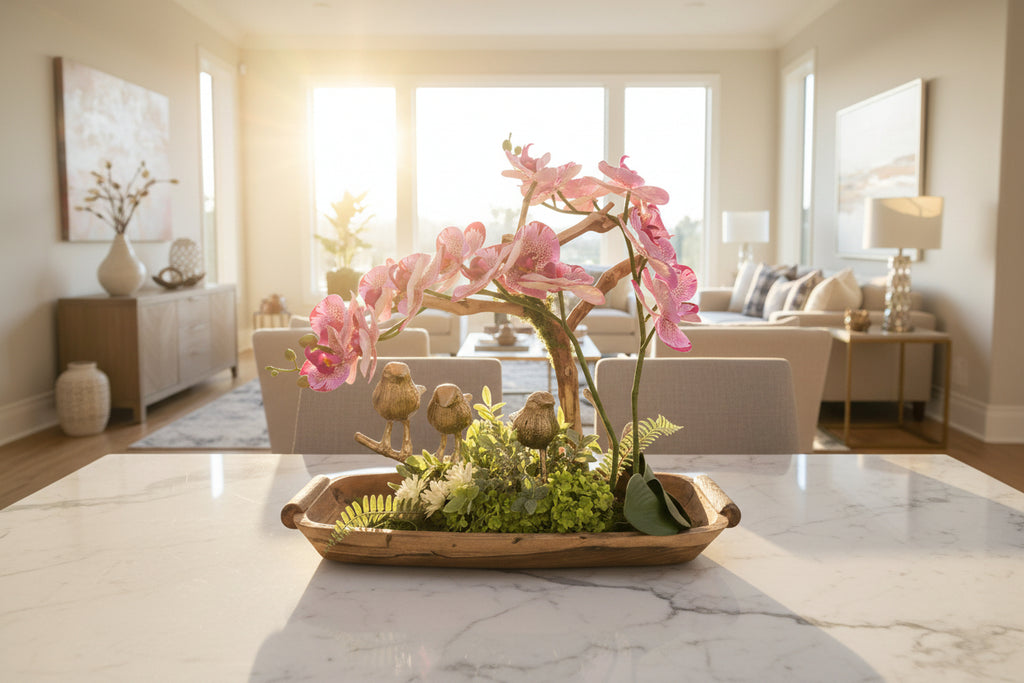 Three Golden Birds on Grapewood Branch with Orchids — Choose Your Color