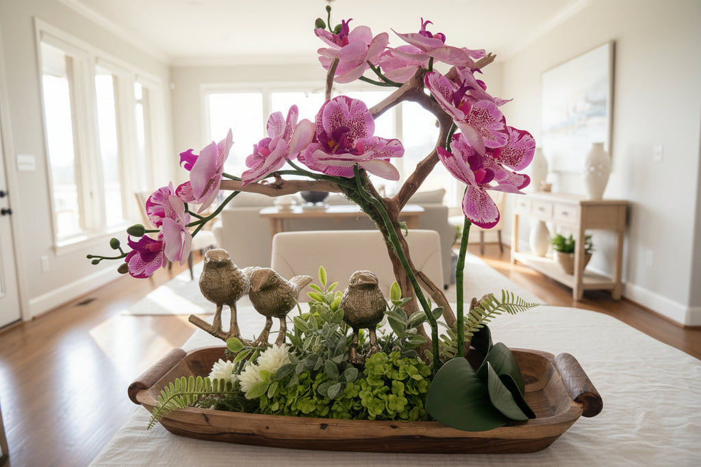 Three Golden Birds on Grapewood Branch with Orchids — Choose Your Color