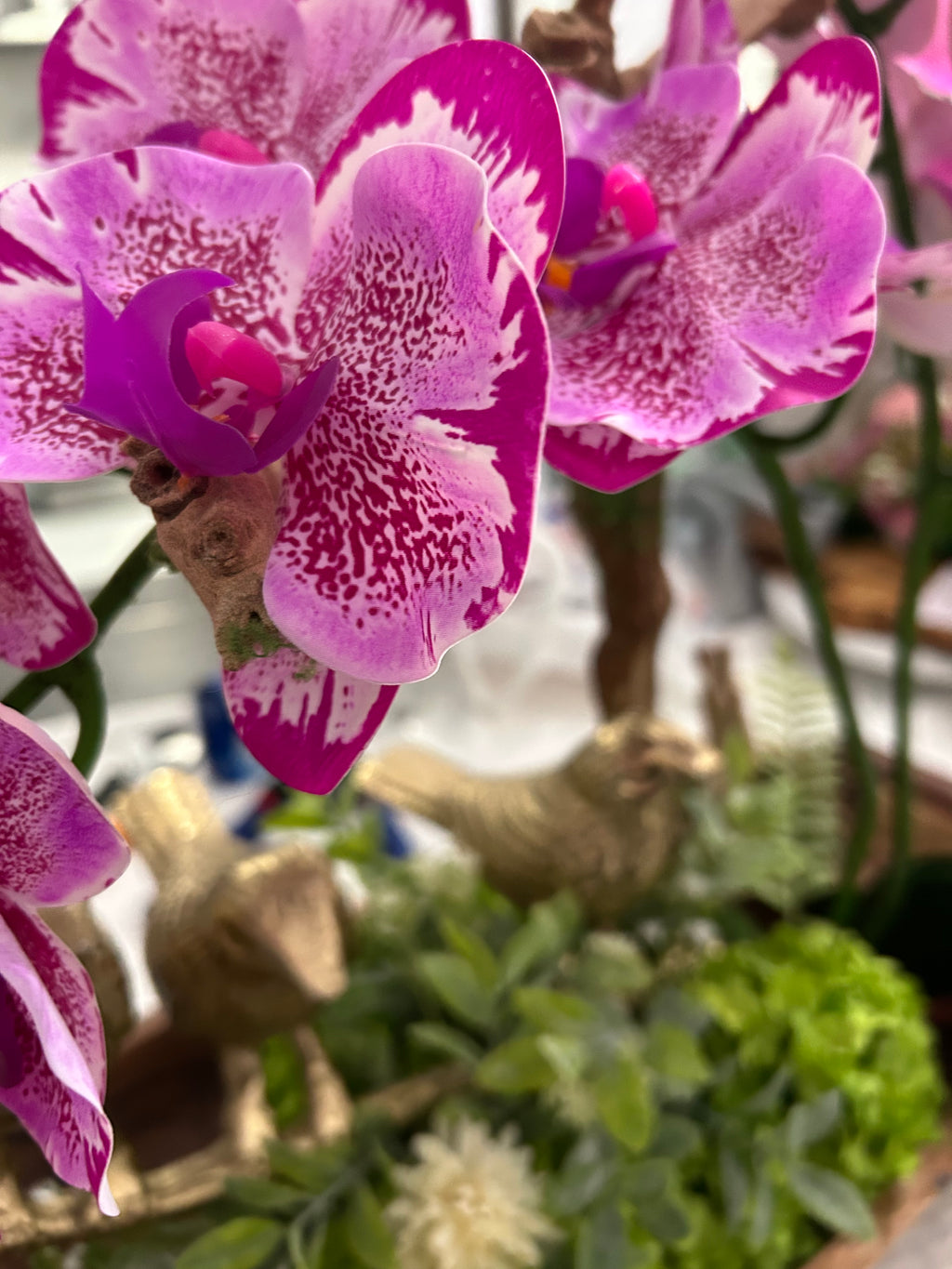 Three Golden Birds on Grapewood Branch with Orchids — Choose Your Color