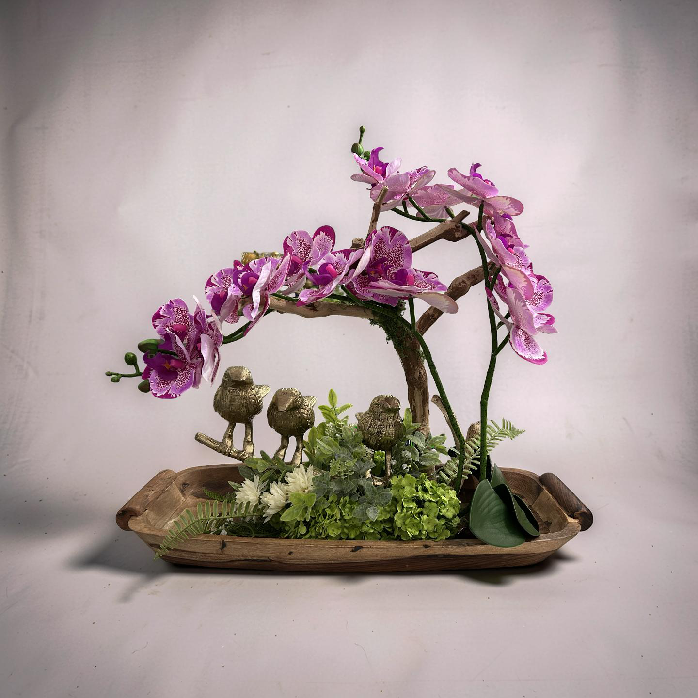 Three Golden Birds on Grapewood Branch with Orchids — Choose Your Color