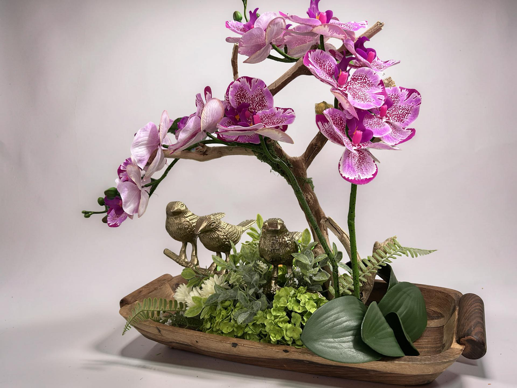 Three Golden Birds on Grapewood Branch with Orchids — Choose Your Color