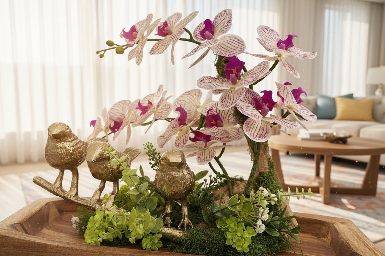Three Golden Birds on Grapewood Branch with Orchids — Choose Your Color