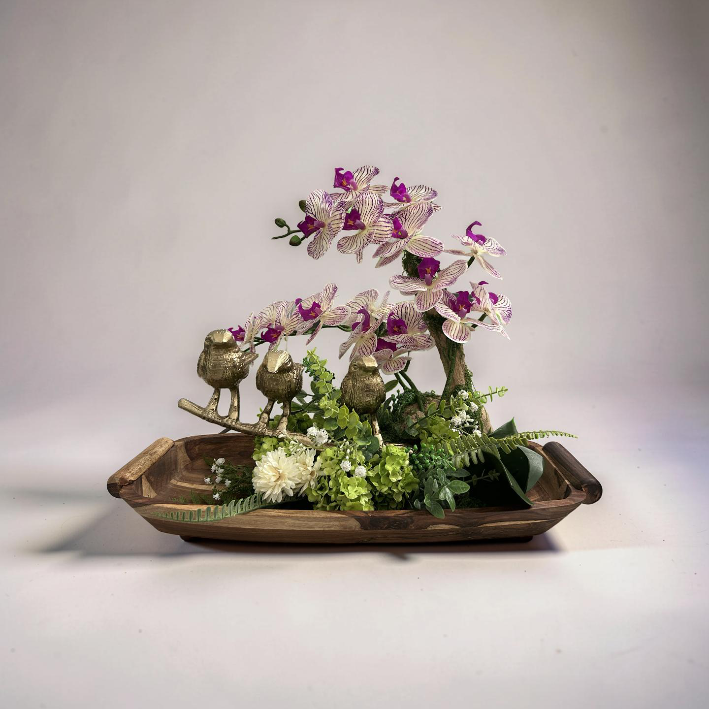 Three Golden Birds on Grapewood Branch with Orchids — Choose Your Color