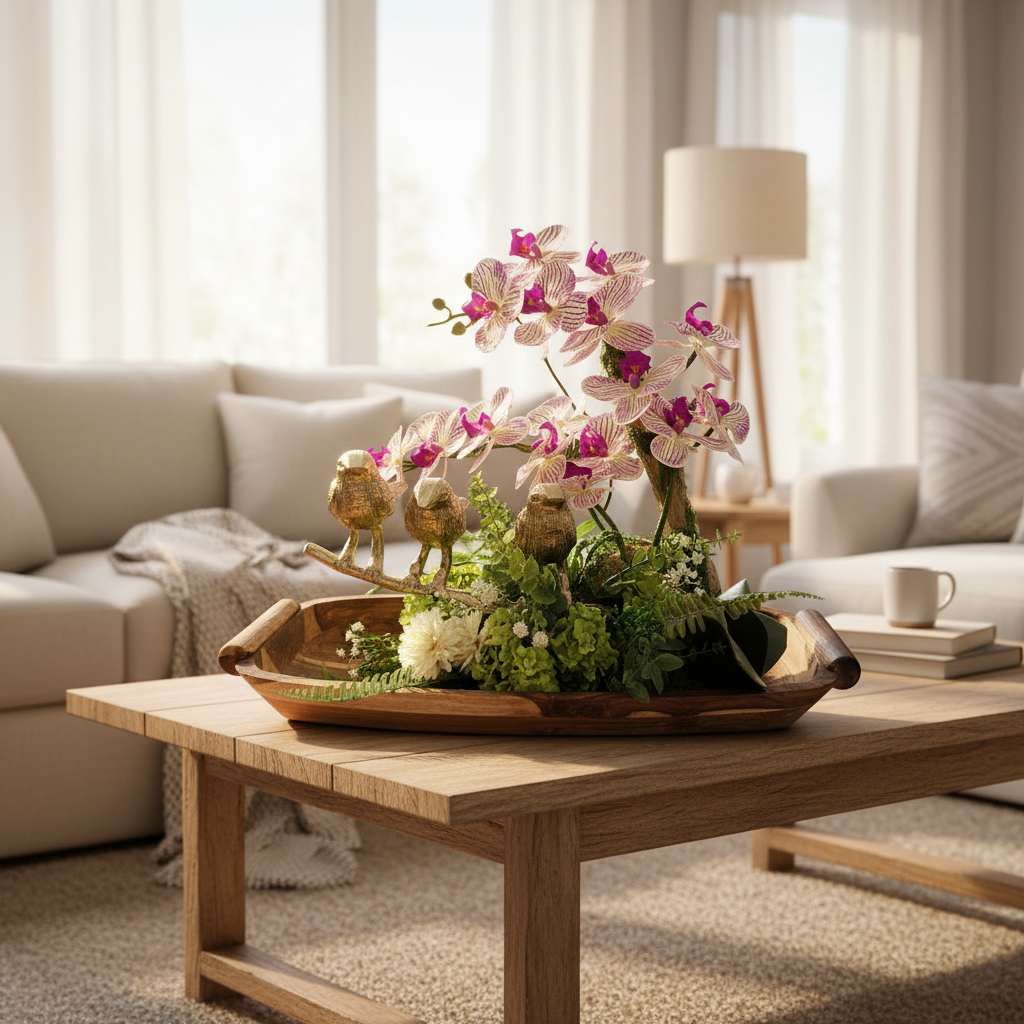Three Golden Birds on Grapewood Branch with Orchids — Choose Your Color