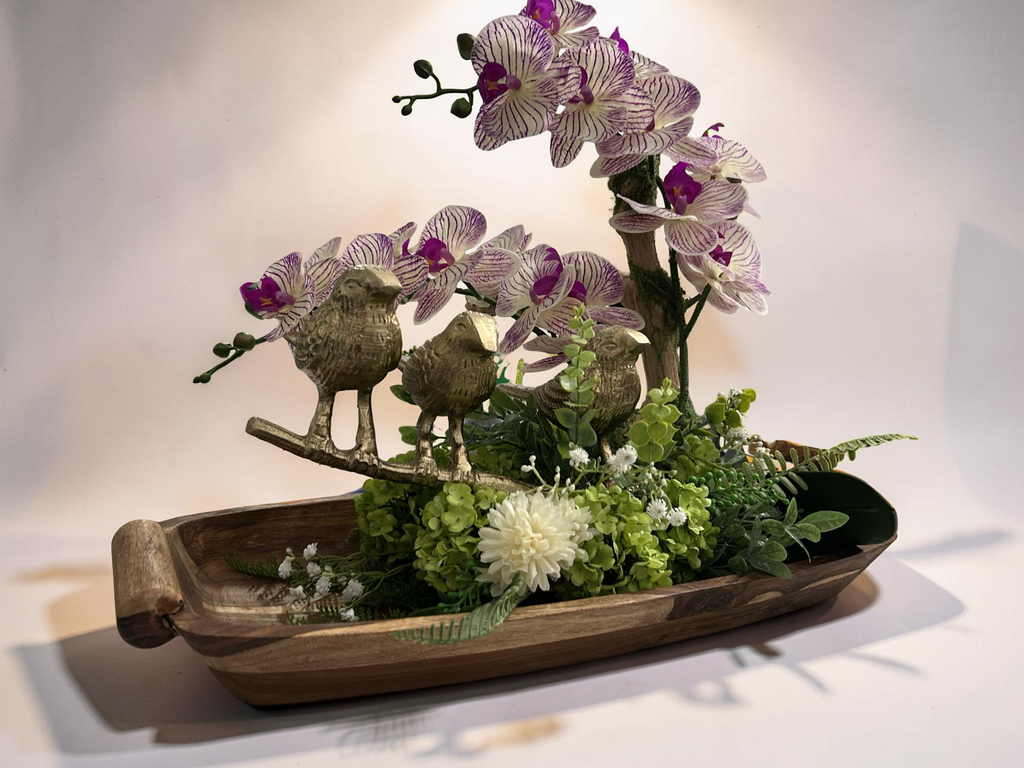 Three Golden Birds on Grapewood Branch with Orchids — Choose Your Color