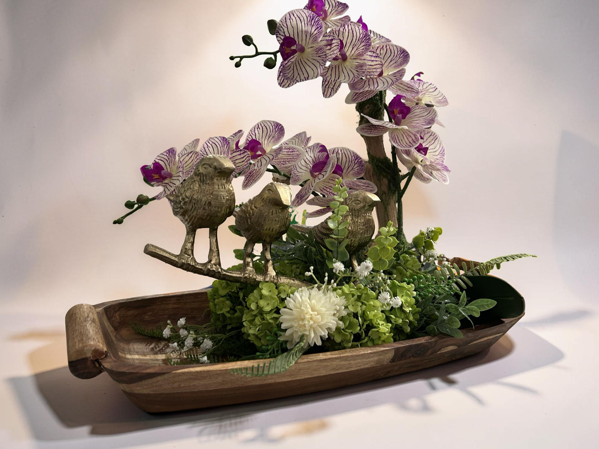 Three Golden Birds on Grapewood Branch with Orchids — Choose Your Color