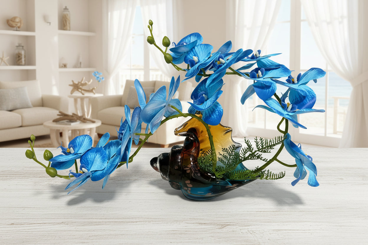 Glass Seashell with Orchids — Blue or Orange