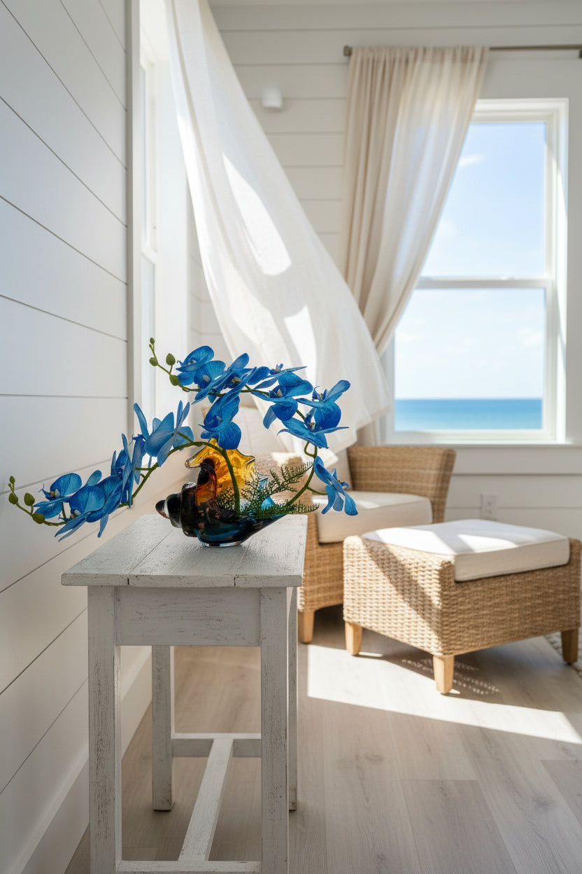 Glass Seashell with Orchids — Blue or Orange