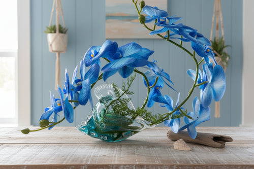 Glass Seashell with Orchids — Blue or Orange
